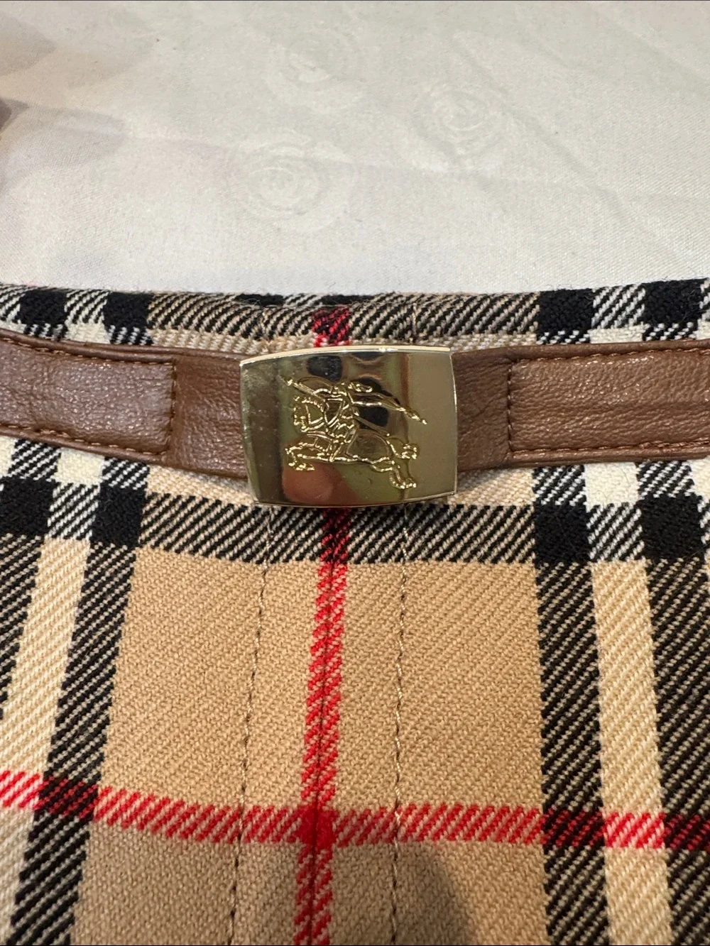 Authentic Burberry Beige Plaid Pencil Skirt with Red and Black Accents